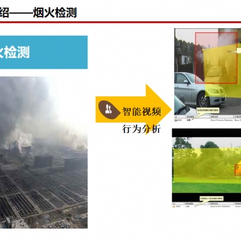 进入和离开、过线计数、方向检测、烟雾火焰检测智能分析